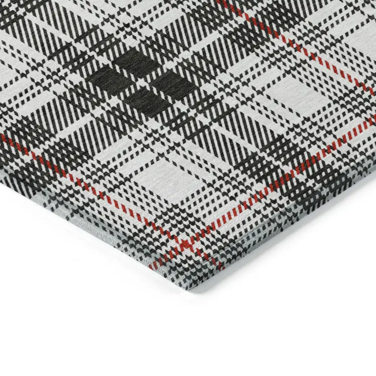 9' X 12' Black Ivory And Red Plaid Washable Indoor Outdoor Area Rug