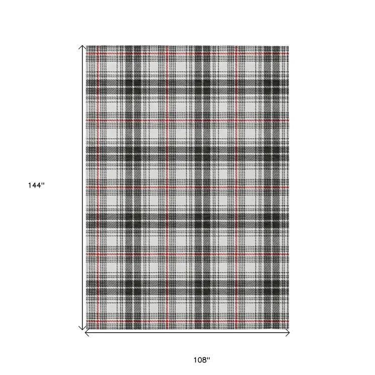 9' X 12' Black Ivory And Red Plaid Washable Indoor Outdoor Area Rug