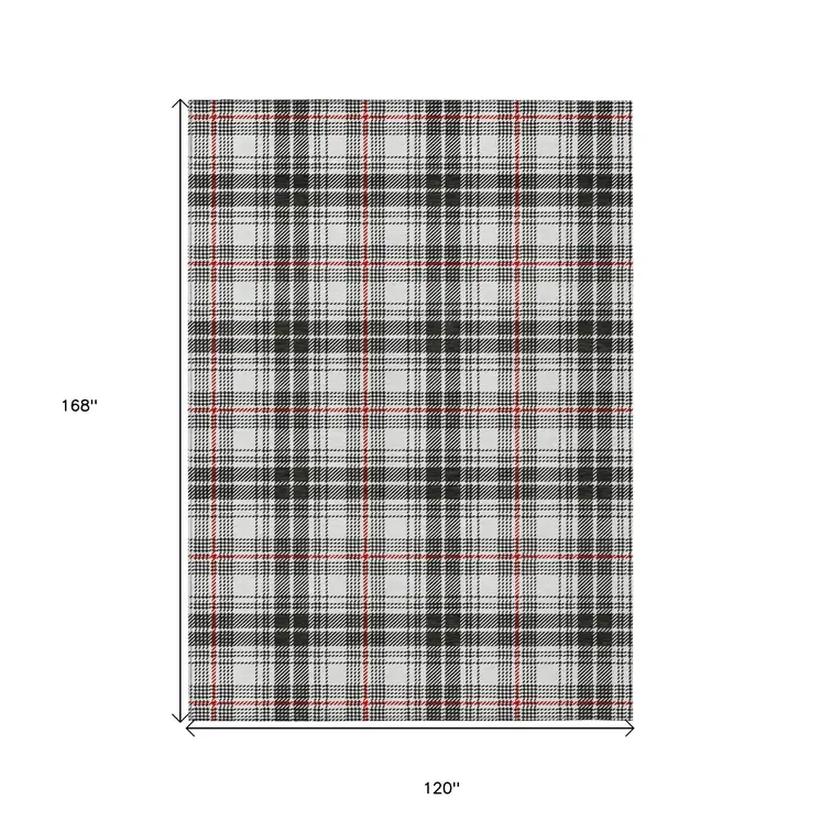 10' X 14' Black Ivory And Red Plaid Washable Indoor Outdoor Area Rug