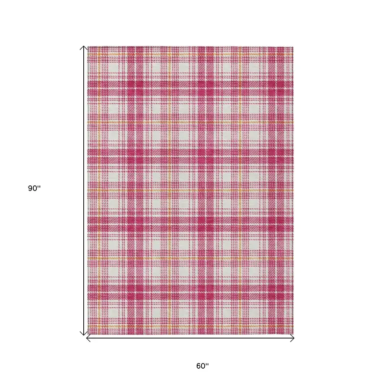 5' X 8' Blush Ivory And Copper Plaid Washable Indoor Outdoor Area Rug