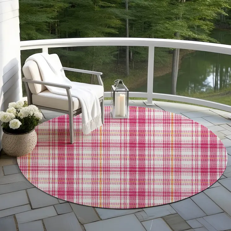 8' Blush Ivory And Copper Round Plaid Washable Indoor Outdoor Area Rug