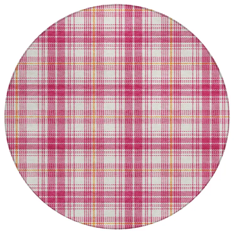 8' Blush Ivory And Copper Round Plaid Washable Indoor Outdoor Area Rug
