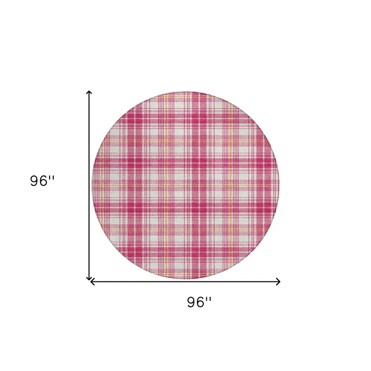 8' Blush Ivory And Copper Round Plaid Washable Indoor Outdoor Area Rug
