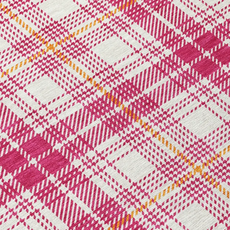 8' Blush Ivory And Copper Round Plaid Washable Indoor Outdoor Area Rug