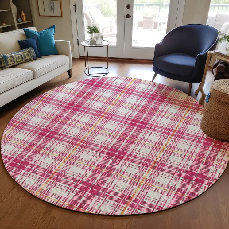 8' Blush Ivory And Copper Round Plaid Washable Indoor Outdoor Area Rug