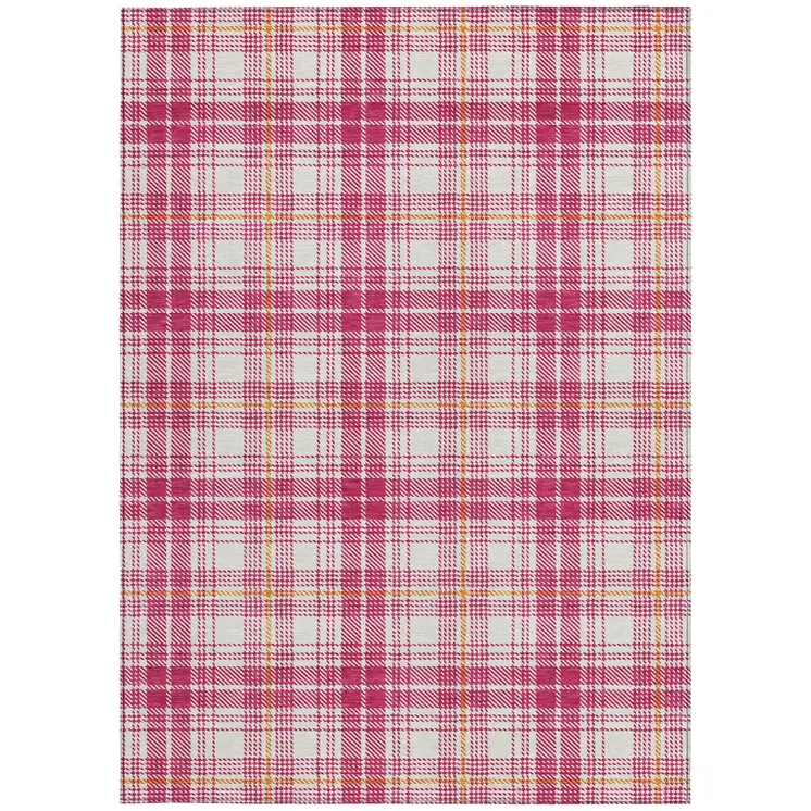 9' X 12' Blush Ivory And Copper Plaid Washable Indoor Outdoor Area Rug