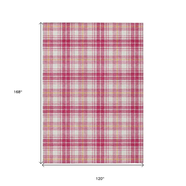 10' X 14' Blush Ivory And Copper Plaid Washable Indoor Outdoor Area Rug
