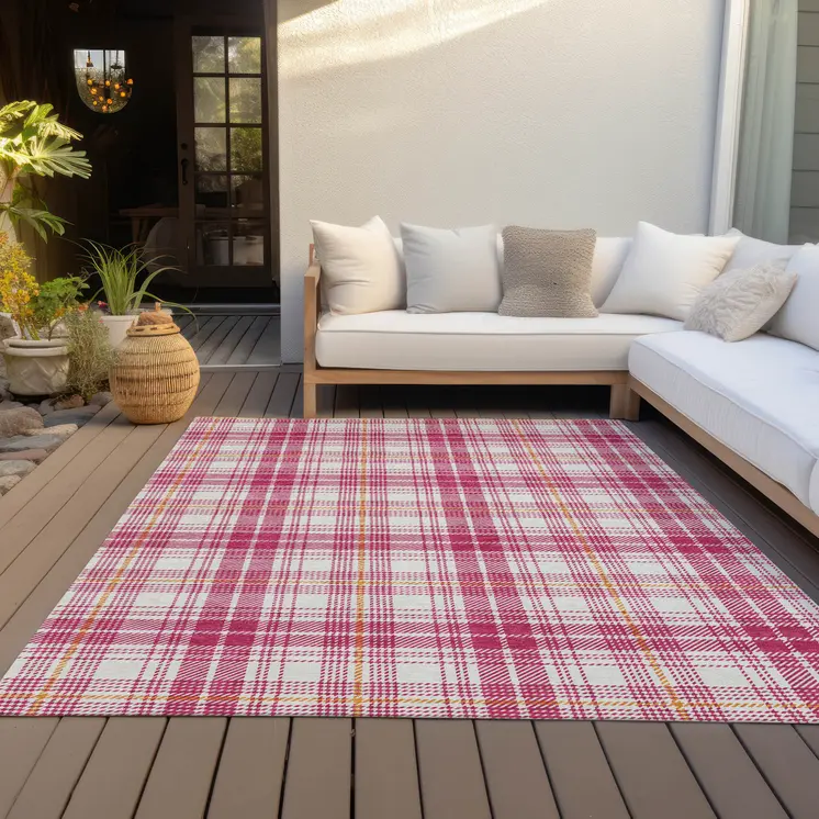 10' X 14' Blush Ivory And Copper Plaid Washable Indoor Outdoor Area Rug