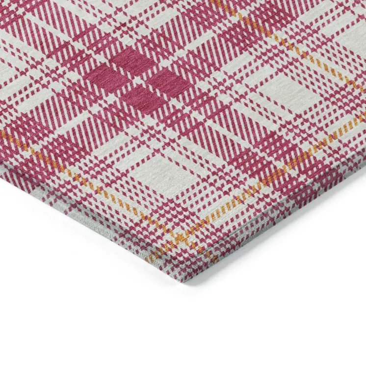10' X 14' Blush Ivory And Copper Plaid Washable Indoor Outdoor Area Rug