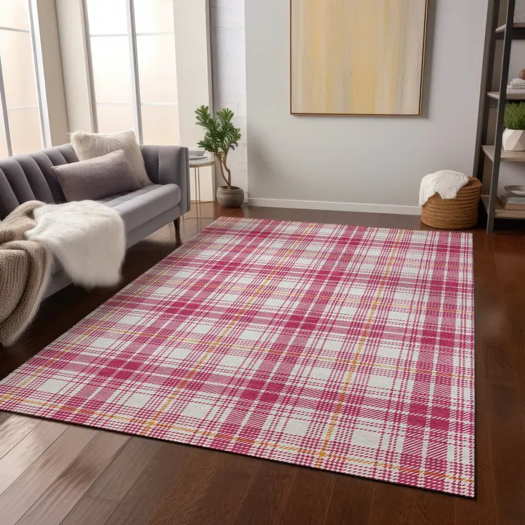 10' X 14' Blush Ivory And Copper Plaid Washable Indoor Outdoor Area Rug