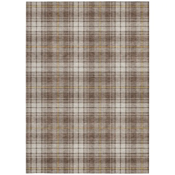 3' X 5' Brown Beige And Gold Plaid Washable Indoor Outdoor Area Rug