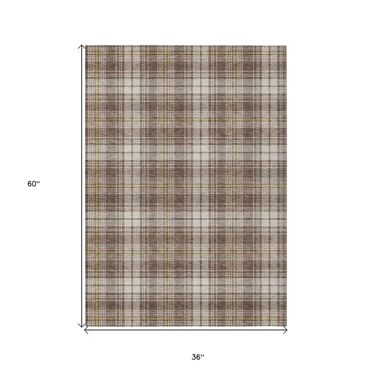 3' X 5' Brown Beige And Gold Plaid Washable Indoor Outdoor Area Rug
