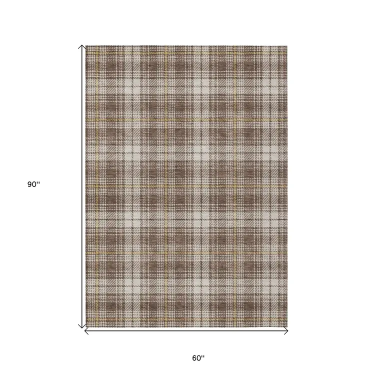 5' X 8' Brown Beige And Gold Plaid Washable Indoor Outdoor Area Rug