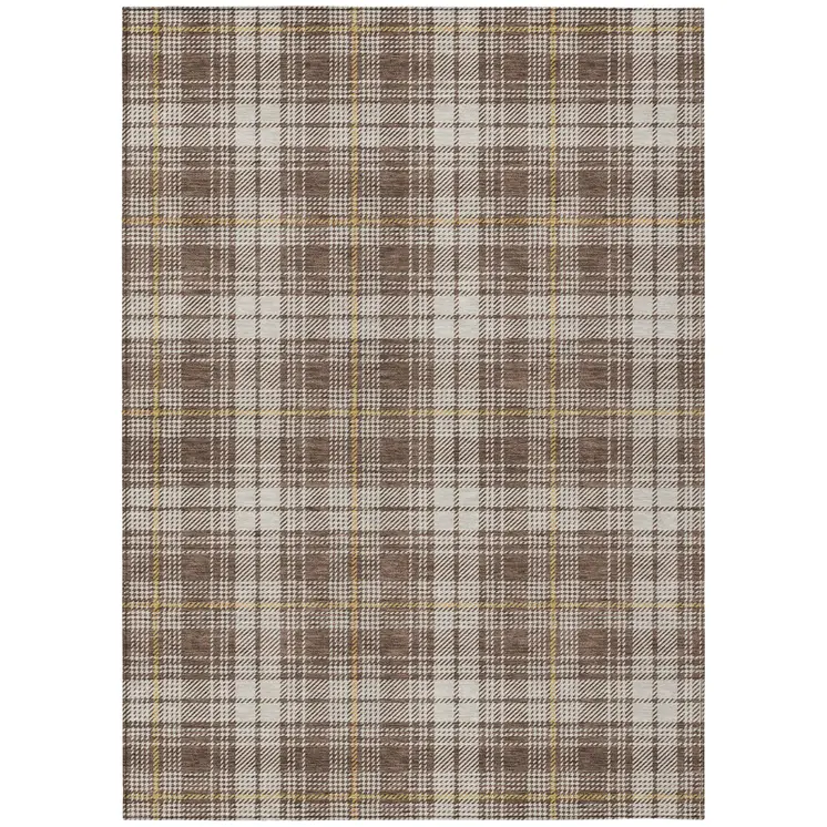 5' X 8' Brown Beige And Gold Plaid Washable Indoor Outdoor Area Rug