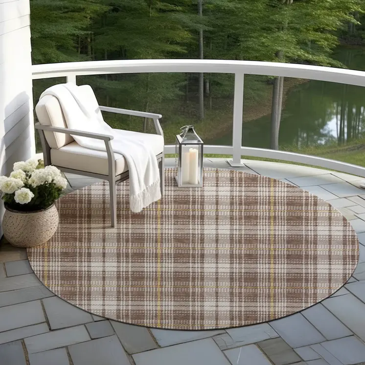 8' Brown Beige And Gold Round Plaid Washable Indoor Outdoor Area Rug