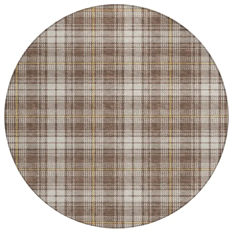 8' Brown Beige And Gold Round Plaid Washable Indoor Outdoor Area Rug