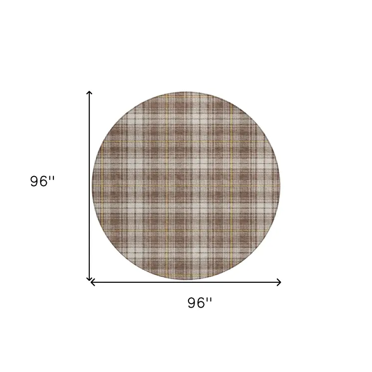 8' Brown Beige And Gold Round Plaid Washable Indoor Outdoor Area Rug