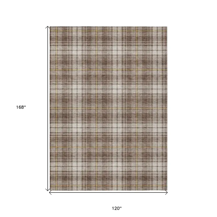10' X 14' Brown Beige And Gold Plaid Washable Indoor Outdoor Area Rug
