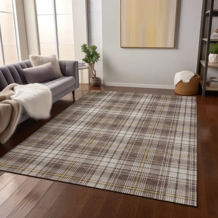 10' X 14' Brown Beige And Gold Plaid Washable Indoor Outdoor Area Rug