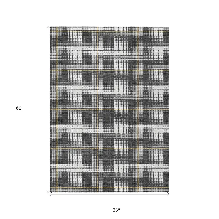 3' X 5' Charcoal Ivory And Gold Plaid Washable Indoor Outdoor Area Rug