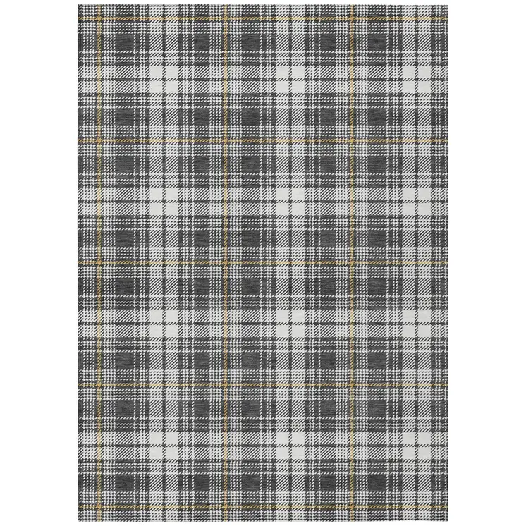 3' X 5' Charcoal Ivory And Gold Plaid Washable Indoor Outdoor Area Rug