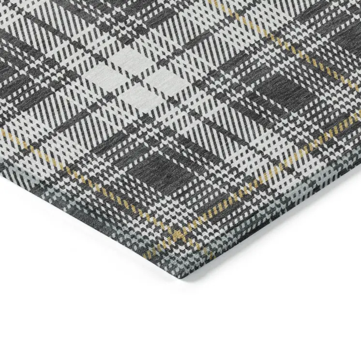 3' X 5' Charcoal Ivory And Gold Plaid Washable Indoor Outdoor Area Rug
