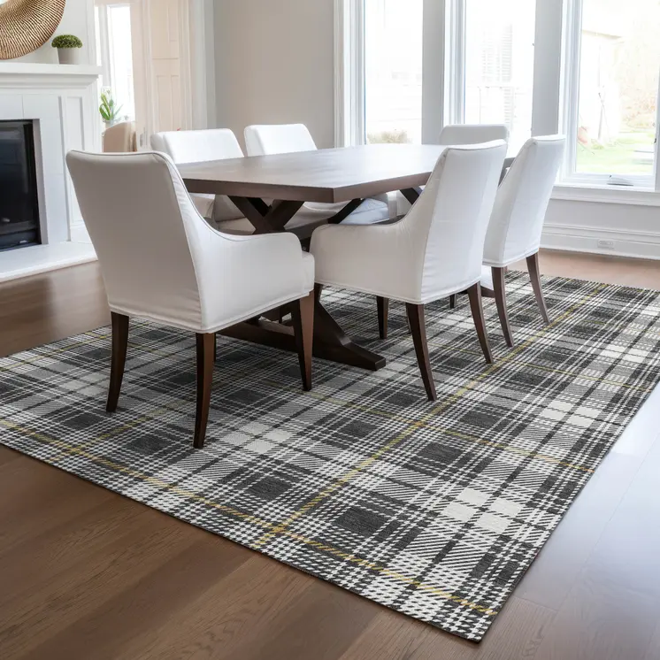 3' X 5' Charcoal Ivory And Gold Plaid Washable Indoor Outdoor Area Rug