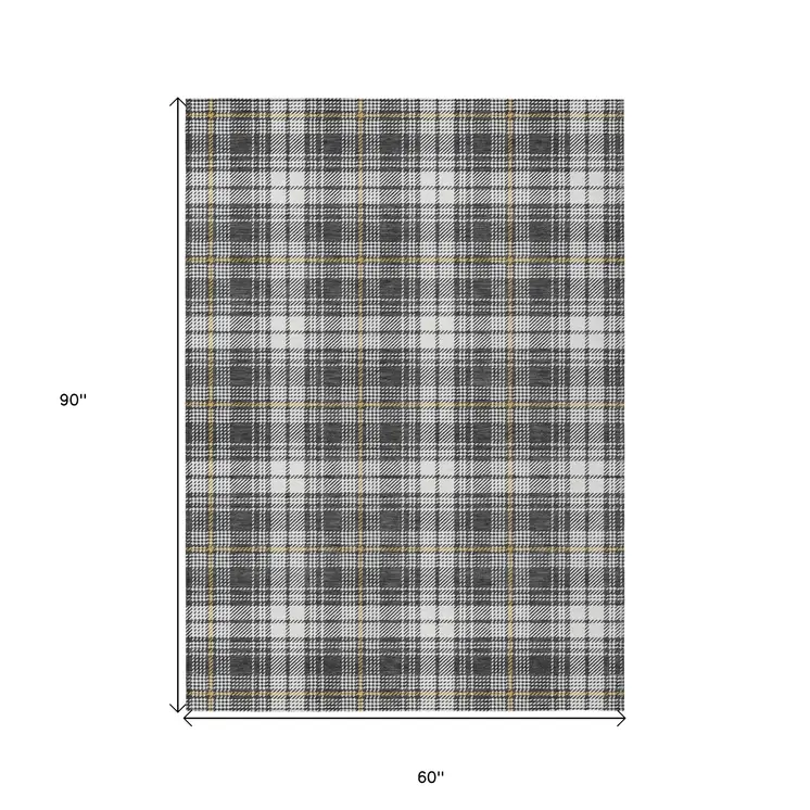 5' X 8' Charcoal Ivory And Gold Plaid Washable Indoor Outdoor Area Rug