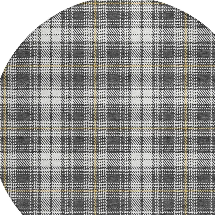 8' Charcoal Ivory And Gold Round Plaid Washable Indoor Outdoor Area Rug