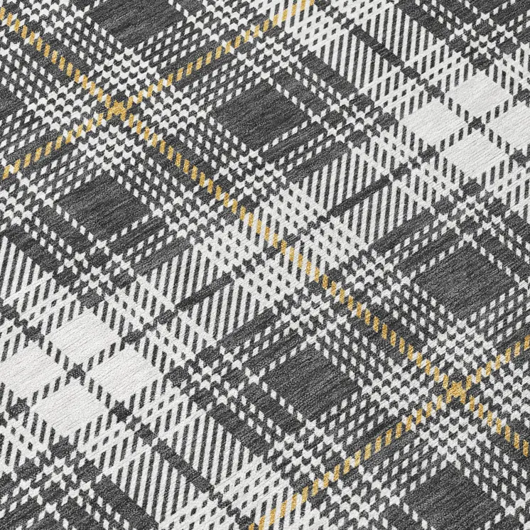 8' Charcoal Ivory And Gold Round Plaid Washable Indoor Outdoor Area Rug