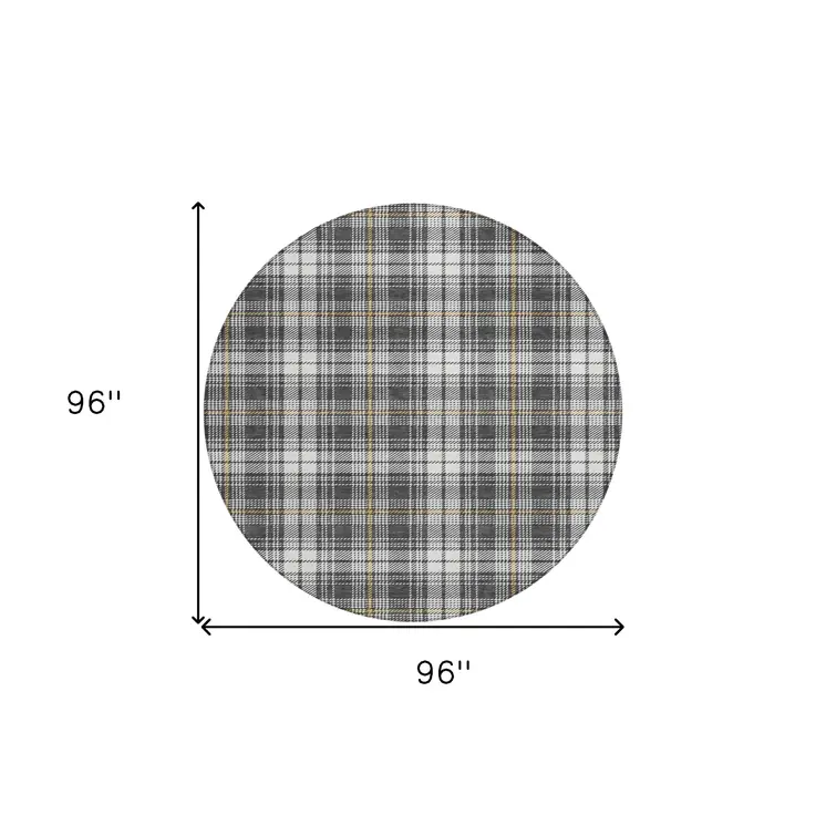 8' Charcoal Ivory And Gold Round Plaid Washable Indoor Outdoor Area Rug