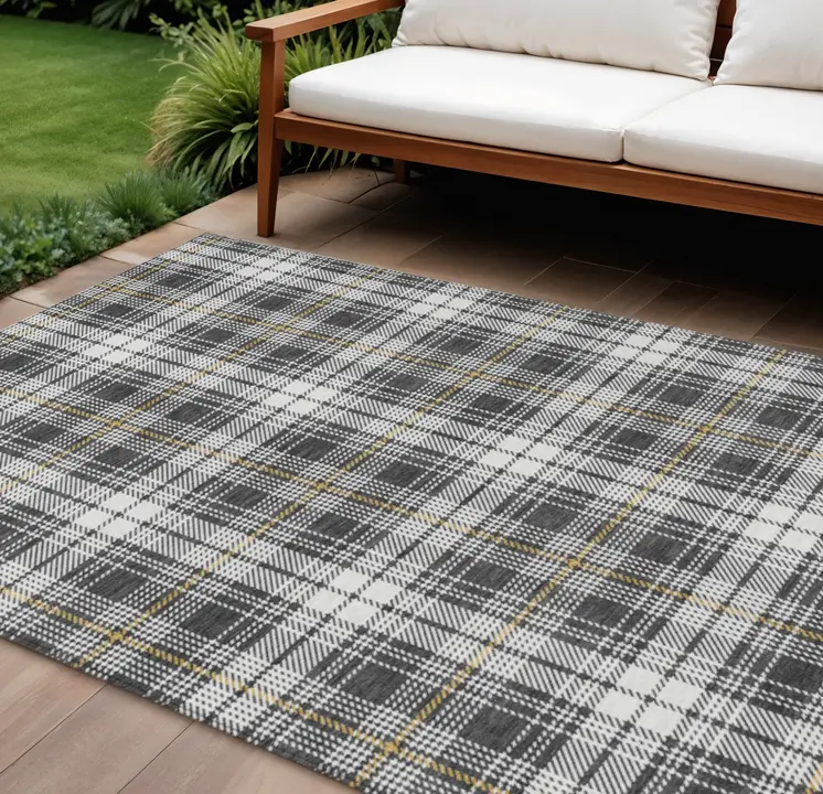 8' X 10' Charcoal Ivory And Gold Plaid Washable Indoor Outdoor Area Rug