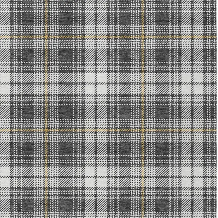 8' X 10' Charcoal Ivory And Gold Plaid Washable Indoor Outdoor Area Rug
