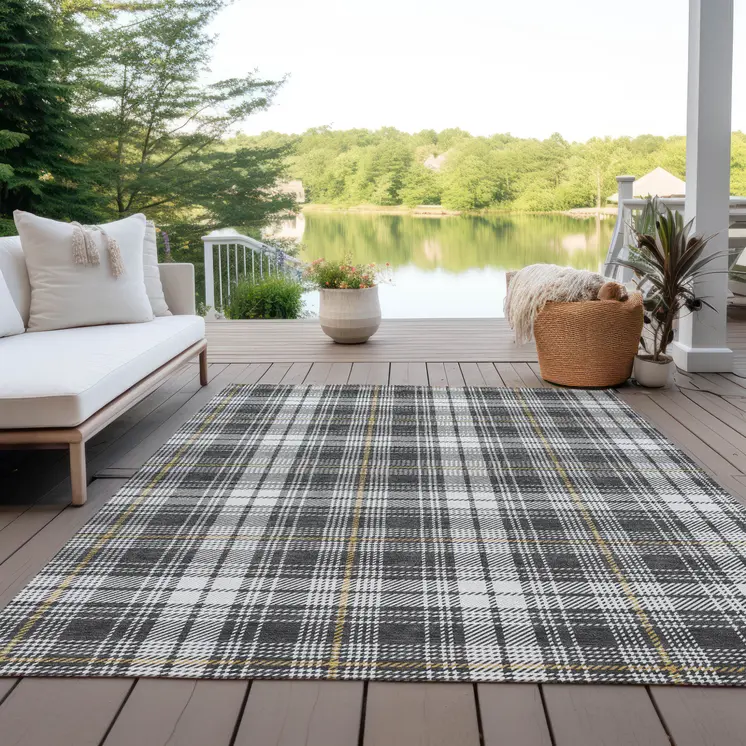 8' X 10' Charcoal Ivory And Gold Plaid Washable Indoor Outdoor Area Rug