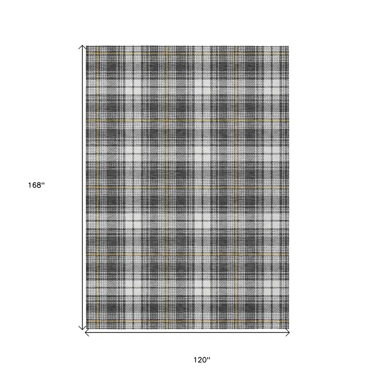10' X 14' Charcoal Ivory And Gold Plaid Washable Indoor Outdoor Area Rug