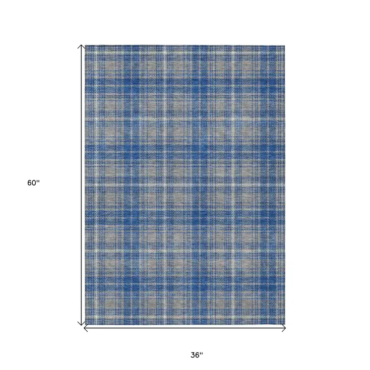 3' X 5' Gray Blue And Ivory Plaid Washable Indoor Outdoor Area Rug