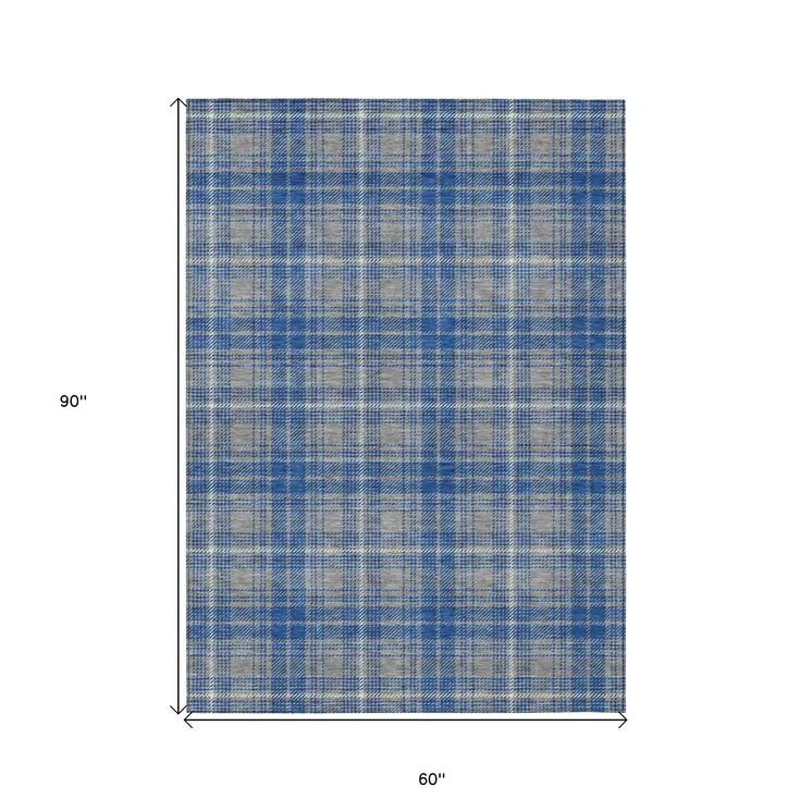 5' X 8' Gray Blue And Ivory Plaid Washable Indoor Outdoor Area Rug