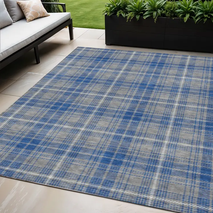 5' X 8' Gray Blue And Ivory Plaid Washable Indoor Outdoor Area Rug