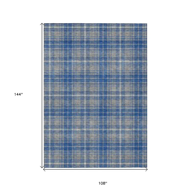 9' X 12' Gray Blue And Ivory Plaid Washable Indoor Outdoor Area Rug