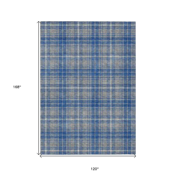 10' X 14' Gray Blue And Ivory Plaid Washable Indoor Outdoor Area Rug