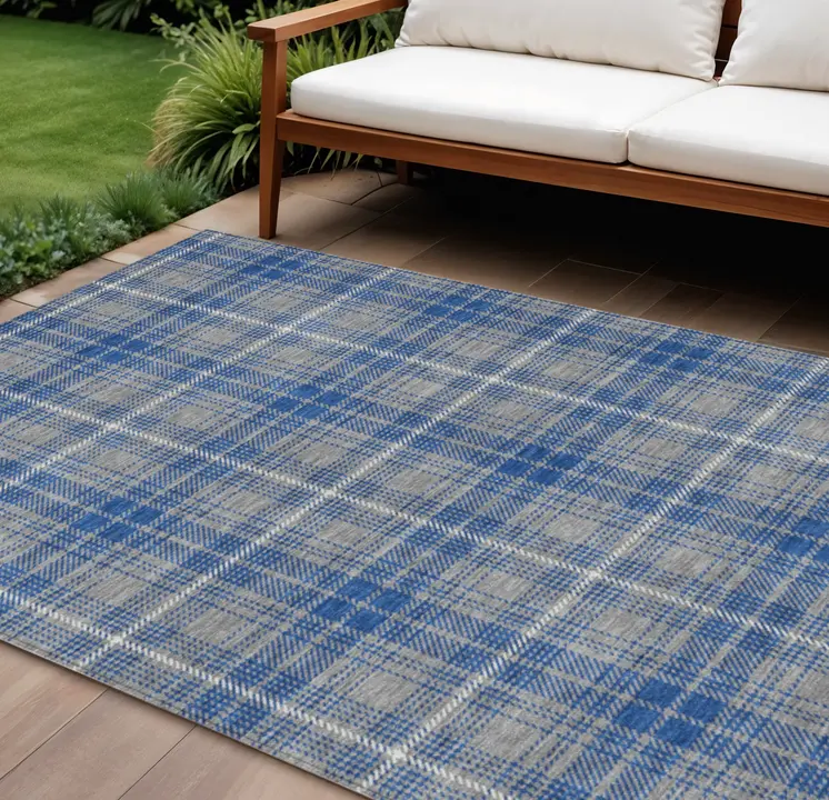 10' X 14' Gray Blue And Ivory Plaid Washable Indoor Outdoor Area Rug