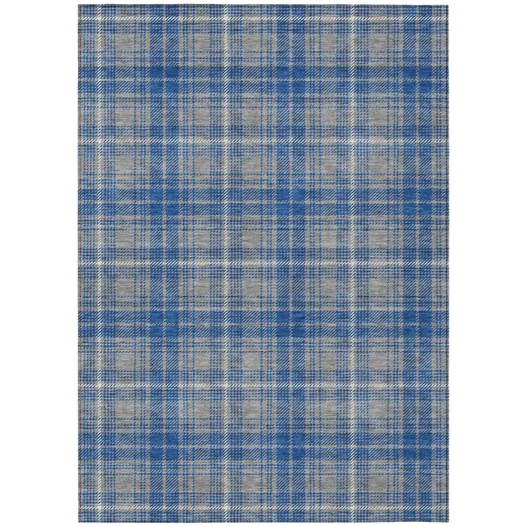 10' X 14' Gray Blue And Ivory Plaid Washable Indoor Outdoor Area Rug
