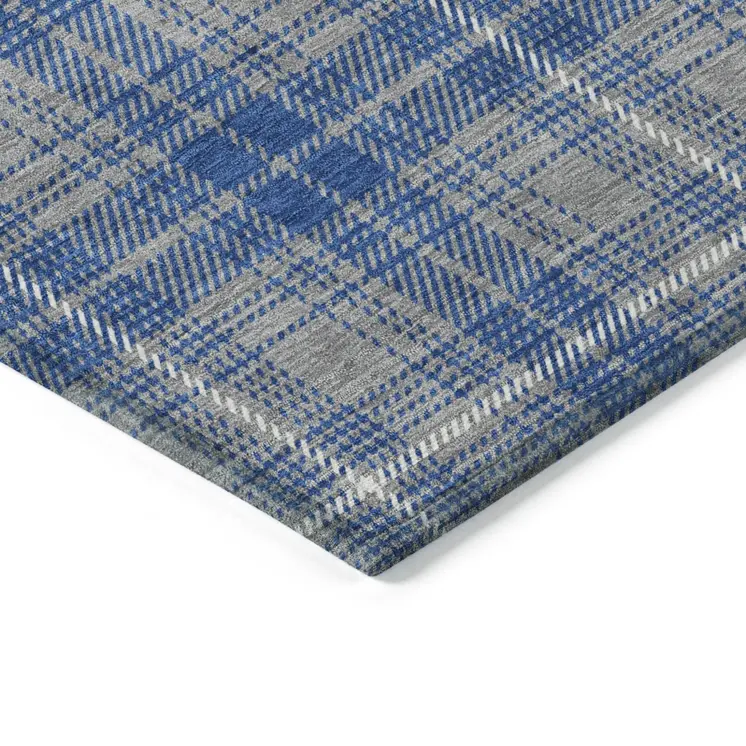 10' X 14' Gray Blue And Ivory Plaid Washable Indoor Outdoor Area Rug
