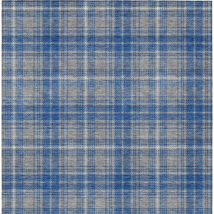 10' X 14' Gray Blue And Ivory Plaid Washable Indoor Outdoor Area Rug