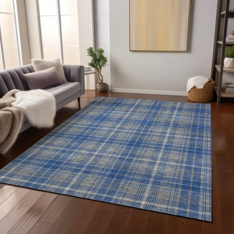 10' X 14' Gray Blue And Ivory Plaid Washable Indoor Outdoor Area Rug