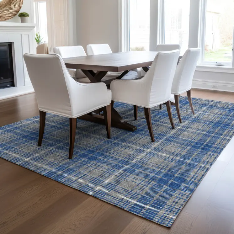 10' X 14' Gray Blue And Ivory Plaid Washable Indoor Outdoor Area Rug
