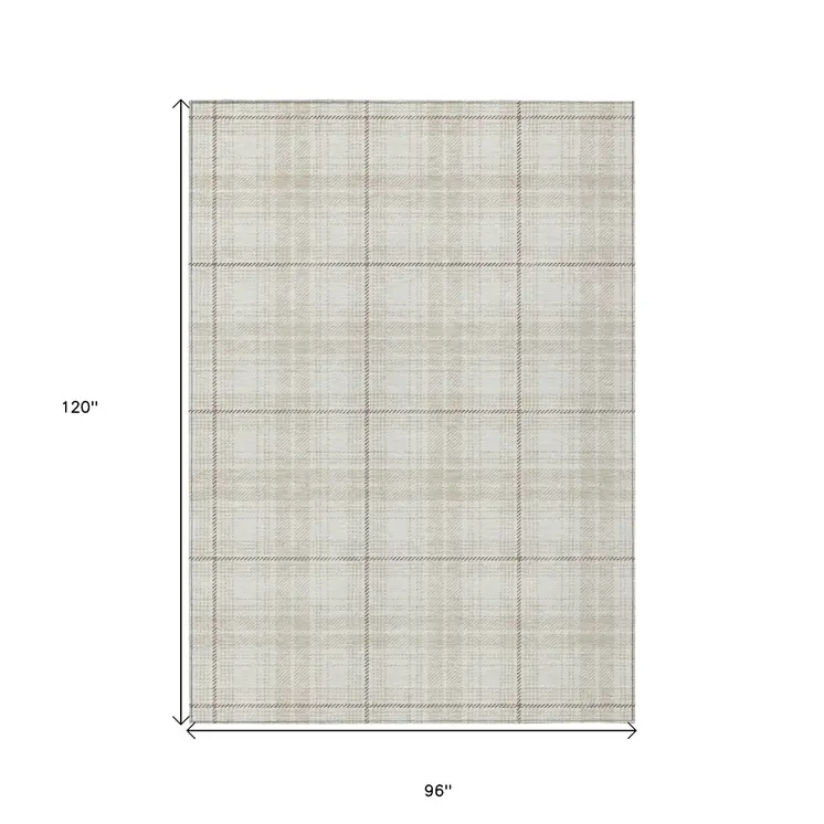 8' X 10' Ivory Beige And Brown Plaid Washable Indoor Outdoor Area Rug