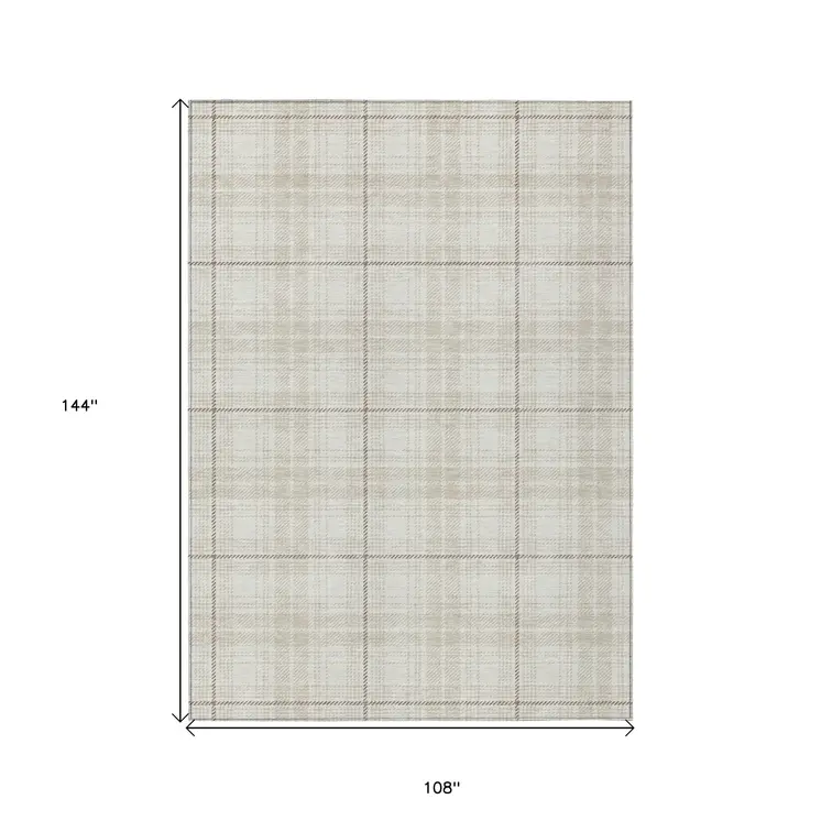 9' X 12' Ivory Beige And Brown Plaid Washable Indoor Outdoor Area Rug