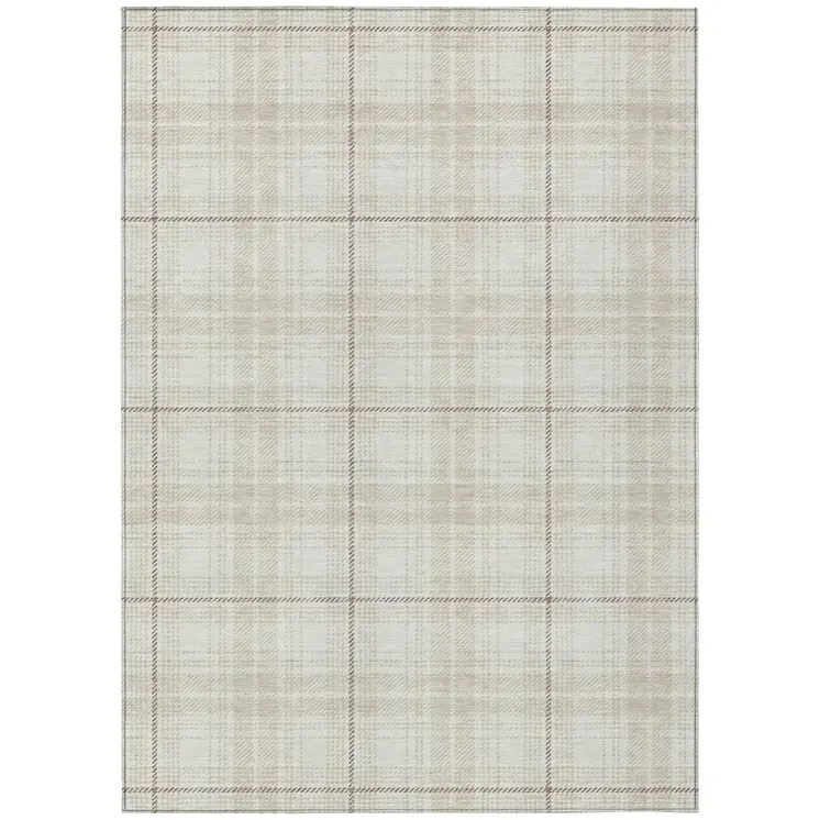 9' X 12' Ivory Beige And Brown Plaid Washable Indoor Outdoor Area Rug