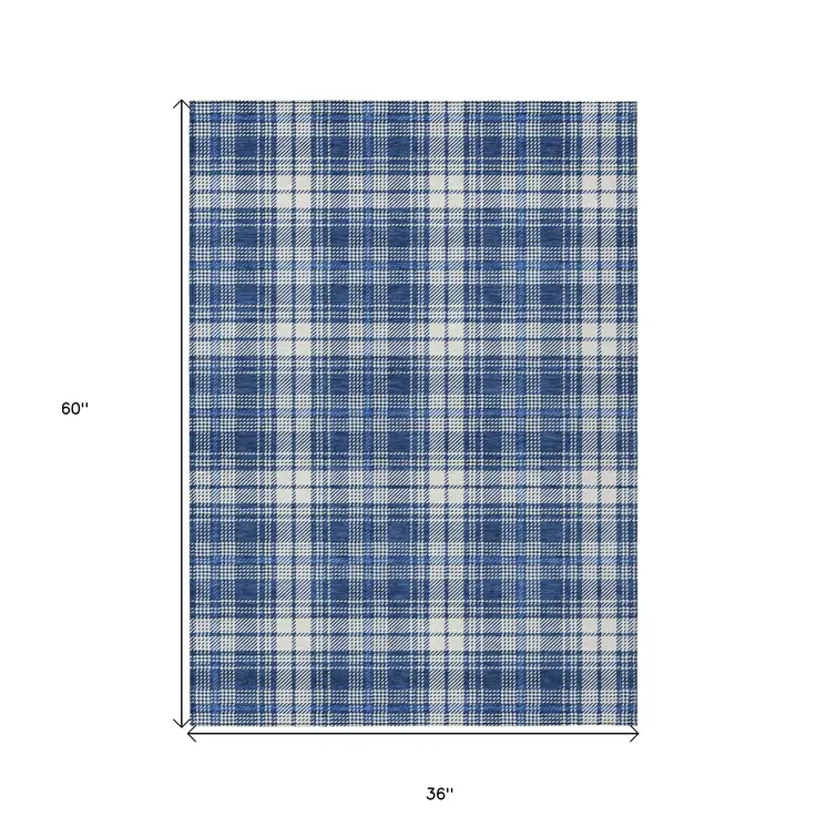3' X 5' Navy Blue And Ivory Plaid Washable Indoor Outdoor Area Rug